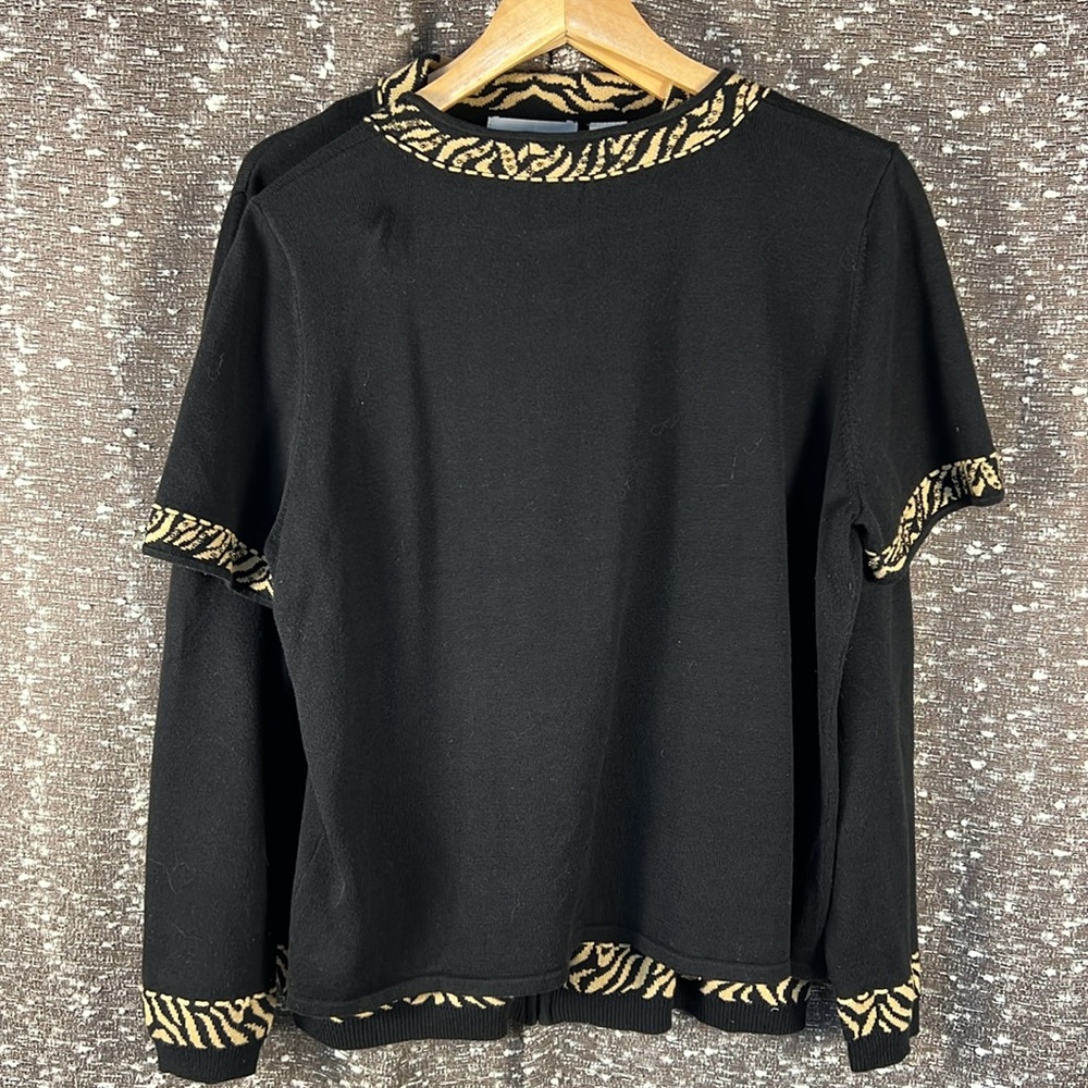 Alfred Dunner Top Sweater Cardigan Zip Up Black‎ Tan Animal Print L Long Sleeve - Picture 9 of 9